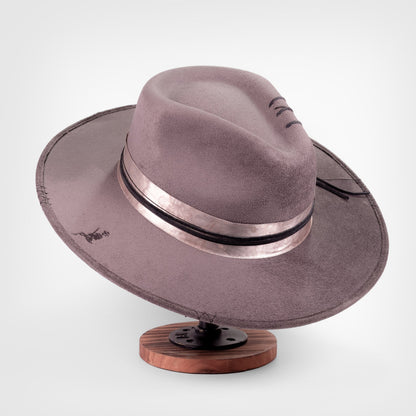 Aukala Hat XL Handcrafted Boho Tepu Gris Hat – Charcoal Gray Suede Fedora with Metallic Trim & Leather Accents