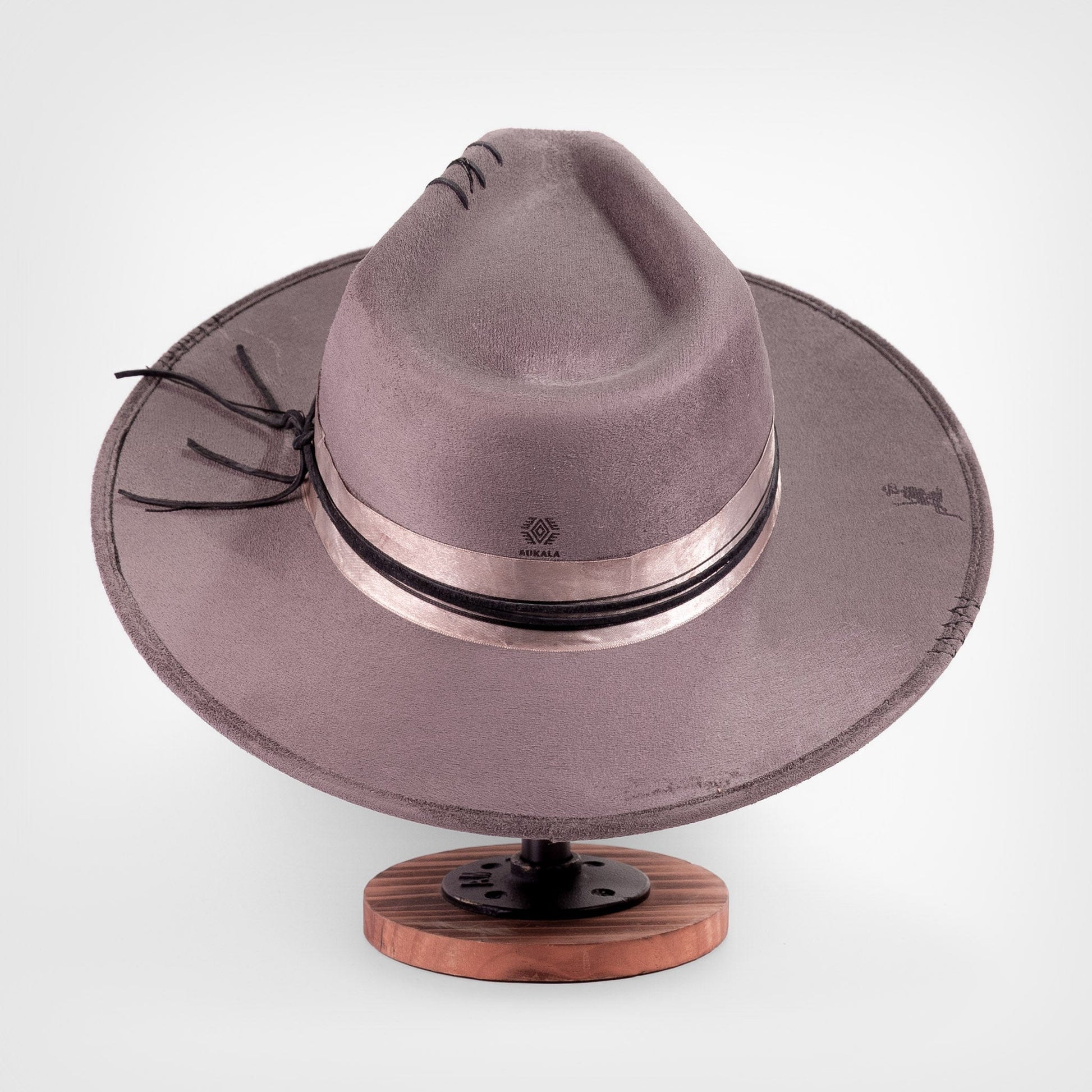 Aukala Hat XL Handcrafted Boho Tepu Gris Hat – Charcoal Gray Suede Fedora with Metallic Trim & Leather Accents