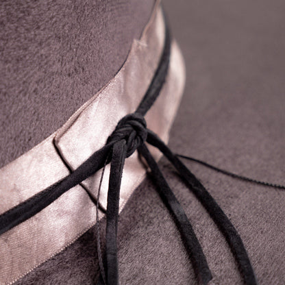 Aukala Hat XL Handcrafted Boho Tepu Gris Hat – Charcoal Gray Suede Fedora with Metallic Trim & Leather Accents
