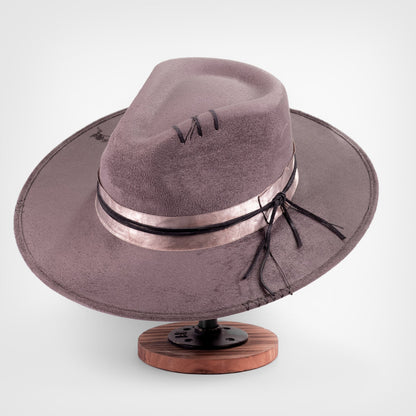 Aukala Hat XL Handcrafted Boho Tepu Gris Hat – Charcoal Gray Suede Fedora with Metallic Trim & Leather Accents