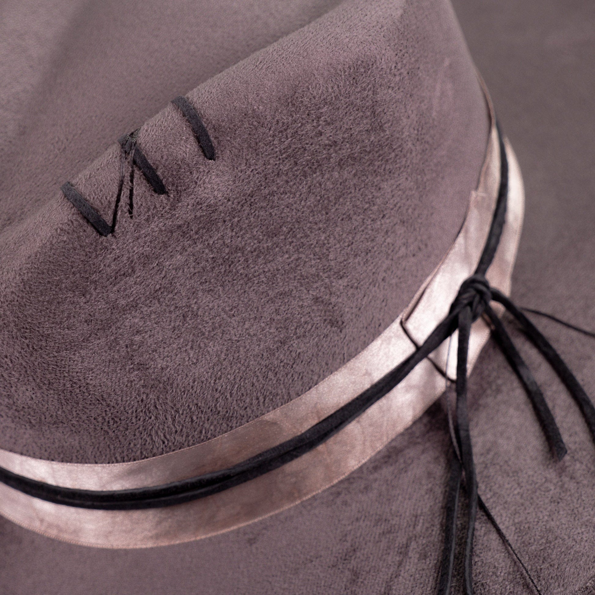 Aukala Hat XL Handcrafted Boho Tepu Gris Hat – Charcoal Gray Suede Fedora with Metallic Trim & Leather Accents