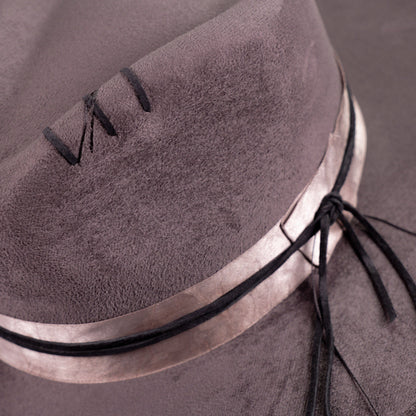 Aukala Hat XL Handcrafted Boho Tepu Gris Hat – Charcoal Gray Suede Fedora with Metallic Trim & Leather Accents