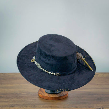 Aukala L Eco-Chic Elegance: Black Suede Hat with Artistic Gold Accents