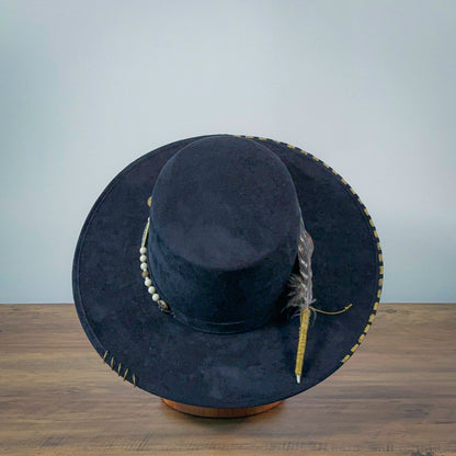 Aukala L Eco-Chic Elegance: Black Suede Hat with Artistic Gold Accents